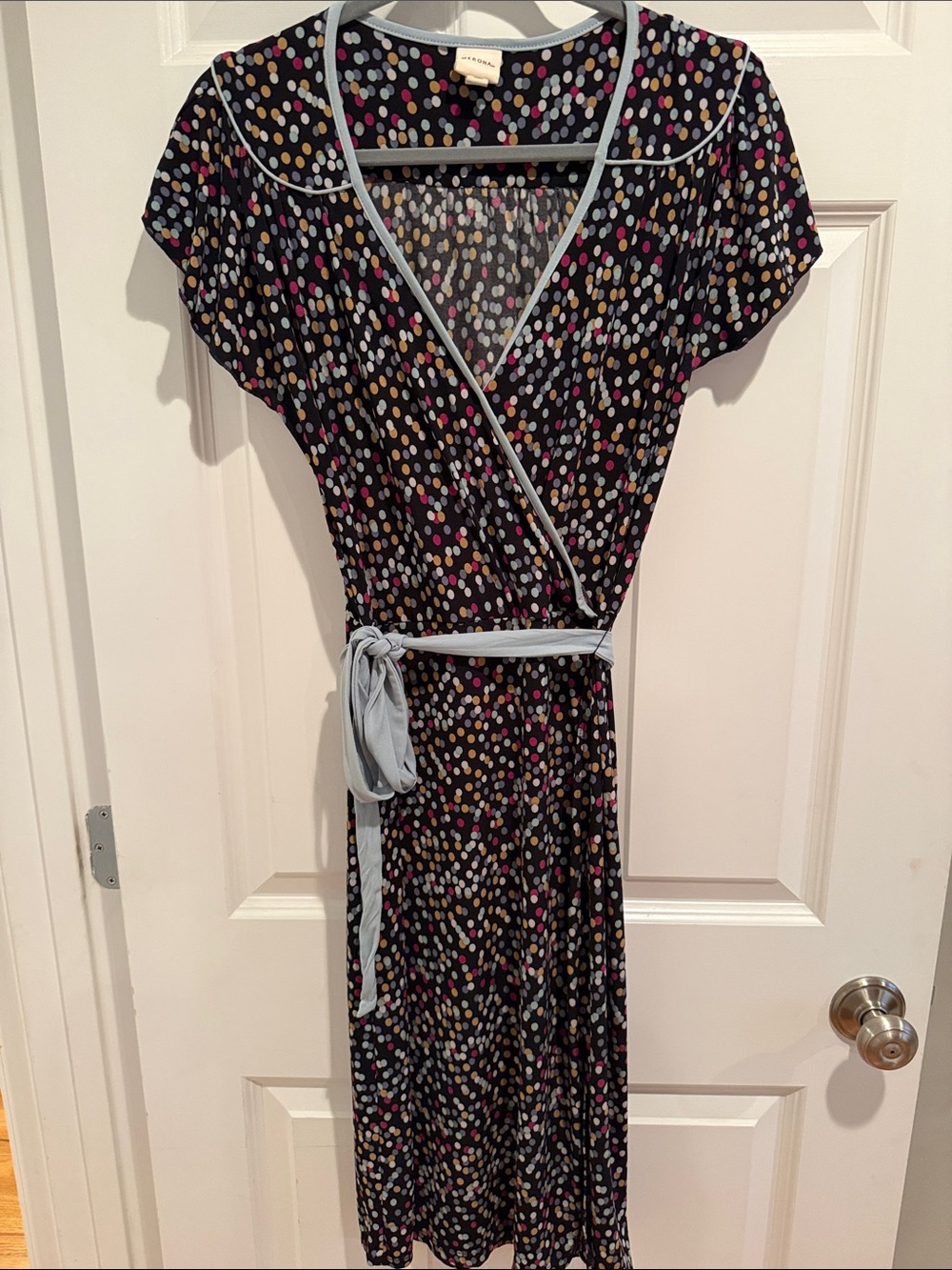 Merona Black Wrap Midi Dress with Multicolor Dot Print and Light Blue Trim
